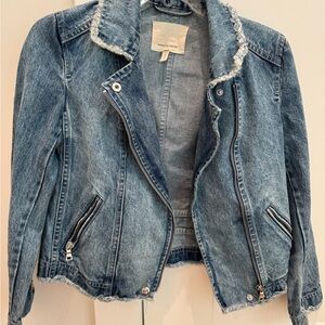 Rebecca Taylor Blue Denim Asymmetric Zipper Moto Jacket with Frayed Trim